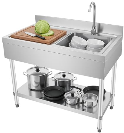100 x 60 x 80 cm, lavello autoportante, in acciaio inox, lavello commerciale, con ripiano e piastra da incasso, adatto per ristoranti, ambienti esterni, attività agricole