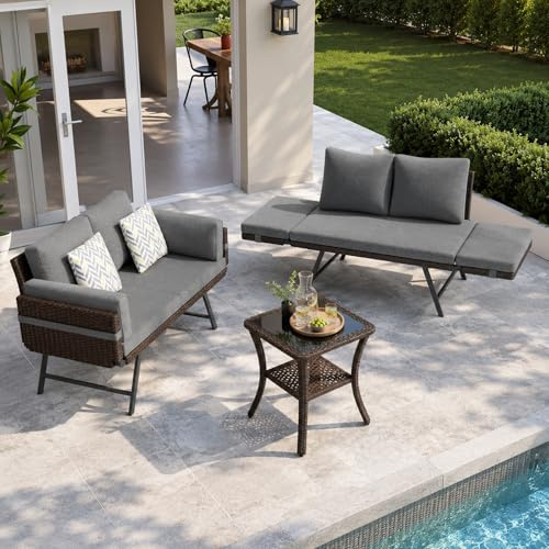 Fiutazge Lot de 2 Canapé de Jardin Extérieur 2 Personnes,Table Basse,Salon en Poly Rotin avec Accoudoirs Réglables,Chaise Longue pour Terrasse Balcon Patio,Meuble Extérieur avec Coussins Lavable-Gris