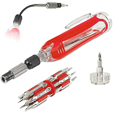 Powerbuilt 30-In-1 Flexible Extendable Precision Screwdriver, Flex Drive Shaft, Extends for Tight Spaces, Torx, Hex, Slotted Bits - Red 940506