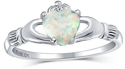 Bling Jewelry Celtic Heart Gemstone Synthetic White Opal Claddagh Ring 925 Sterling Silver (Ring Size L)