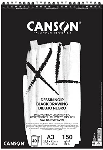 Canson XL Dessin noir, album con carta nero profondo,lato liscio per pennarelli e marcatori,lato ruvido per matite e pastello,A3,40fogli,160g/m