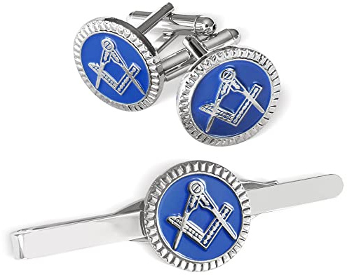 The Masonic Collection - Juego de gemelos cuadrados y brújula y corbata para hombre, chapado en azul y plata, viene en bolsa de terciopelo/caja de regalo, regalos masones de calidad para hombres,