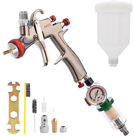 HIUHIU R500 LVLP Spray Gun 1.3mm Nozzles with Air Pressure Regulator & Oil-Water Separator, Automotive Paint Gun for Primer, Top Coat, Body Repair