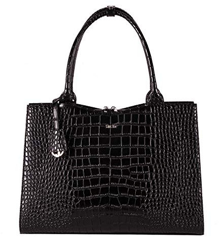Socha Laptoptasche Damen/Businesstasche Frauen/Aktentasche mit Tragegurt - Elegant - Extra leichte Synthetik mit Kroko - Croco Jet Black - 15.6 Zoll Schwarz