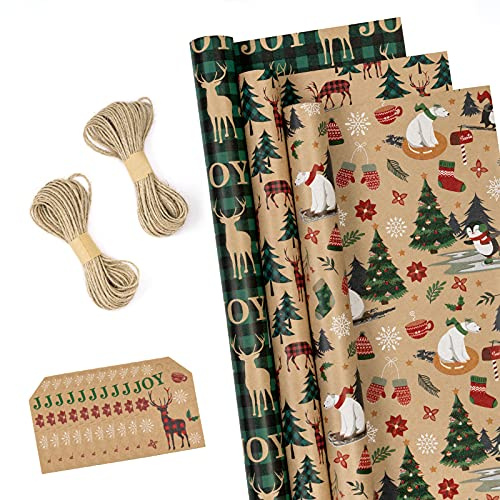 RUSPEPA Christmas Wrapping Paper Rolls with Tags, Jute String - 43cm x 3 Meter per Roll, Total of 3 Rolls