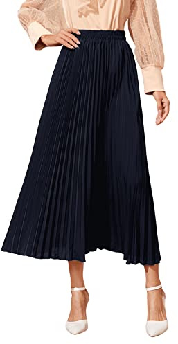 SweatyRocks Women's Casual Solid Longline Pleated Long Skirt Dark Blue M