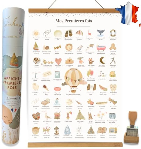 TIPICHOU Affiche mes premières fois à tamponner Cadeau naissance bébé fille garcon, boite souvenir parents, femme enceinte jeune maman (COFFRET Affiche A2+Cadre baguette+Tampon)
