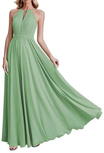 WSEYU Robes de demoiselle d'honneur longues à bretelles en mousseline A-ligne plissés avec poches C105, Sauge poussiéreuse., 36