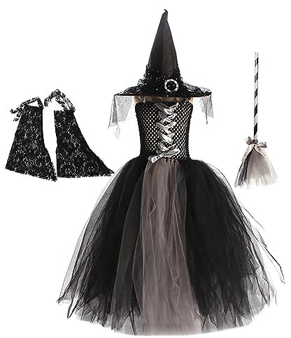Costume da Strega per Bambina,Ragazze Tutù Fatto a Mano in Tulle con Volant con Cappello da Strega Maniche a Campana e Scopa Halloween Natale Cosplay Festa Vestito in Maschera Grigio 8-10 anni
