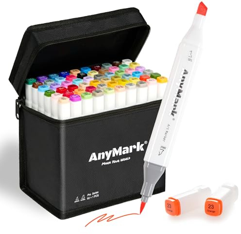 AnyMark Pennarelli ad Alcool con Punta a Pennello, 60 + 1 Colori, Doppia Punta, Pennello e Scalpello, Set di Pennarelli Artistici a Base di Alcol, con Custodia, per Disegnare e Colorare