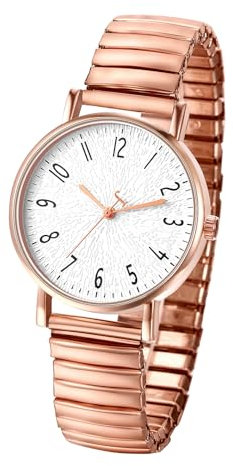 JewelryWe Uhren Damen Elastisch Edelstahl: Einfache Analog Quarz Armbanduhr Frauen Rosegold Edelstahl Stretch Armband Uhr mit leicht ablesbar arabischen Zahlen Zifferblatt
