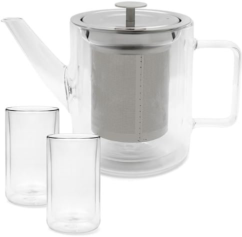 kleine gläserne doppelwandige Teekanne 1.0 Liter - isolierende Glaskanne Set mit Edelstahl-Teefilter und 2 Teegläser aus Glas (je 400 ml)