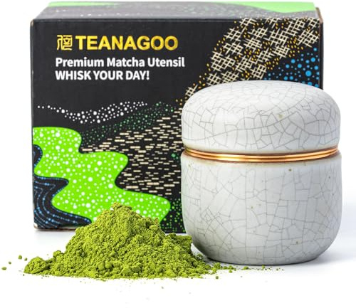 TEANAGOO Contenitore portatile in ceramica per tè matcha | Barattolo di conservazione a doppia tenuta da 2,8 once con coperchio,compatto per 18 g di polvere matcha,X5,bianco avorio con cucitura nera