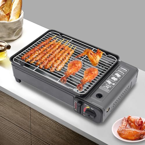 Bärbar bordsgrill gas med grillnät, bärbar gasgrill camping grill-set, bärbar bordsgrill gas med grillnät, grillpanna och andra tillbehör, för camping, resor, trekking och matlagning utomhus