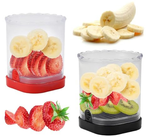 2 Pcs Fruit Slicer Cup, Strawberry Cutter Slicer Cup, Banana Egg Slicers Detachable Fruit with Push Plate, Strawberry Cutter Kitchen Gadget (Black & Red)