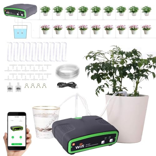 WiFi Automatic Irrigation System with Double Pump, DIY Drip Irrigation Kit Controlled via APP, Garden Irrigation System Auto/Manual/Smart Mode for Balcony, For 20 Potted Plants (A)