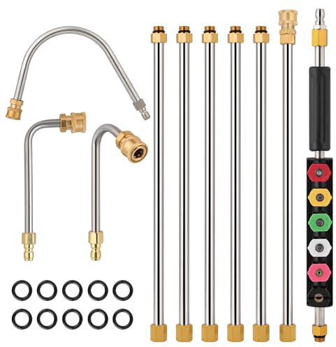 Pressure Washer Extension Wand, 9.25ft/ 111inch Power Washer Lance 6 Spray Nozzle 1/4 Quick Connect, with 3 Curved Rod 10 Rubber Ring, 4000 PSI Roof/Gutter Cleaner Window Washing Accessories