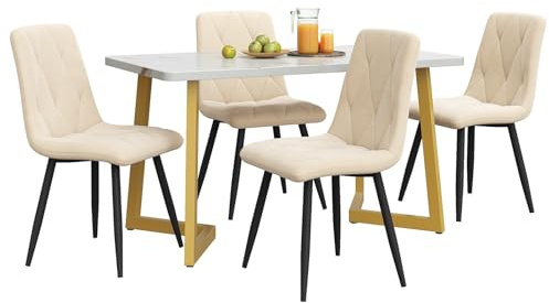 5-Delat Matgrupp Med 4 Stolar,Rektangulärt Matbord med metallben,Modernt Köksbord För 4 Personer, Sammetsstolar,MDF-bordsskiva,för kök och vardagsrum kontor matsal(Beige+Gold leg)