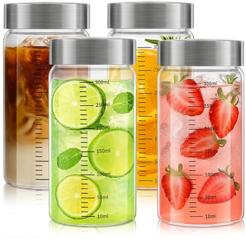 Acsatont Botellas de Vidrio 300 ML con Tapa de Acero Inoxidable, 4 Piezas Botellas de Vidrio con Escala de MedicióN, Botella de Batido Reutilizable Para Jugos, Pasta, Harina, Sin BPA (300ML)