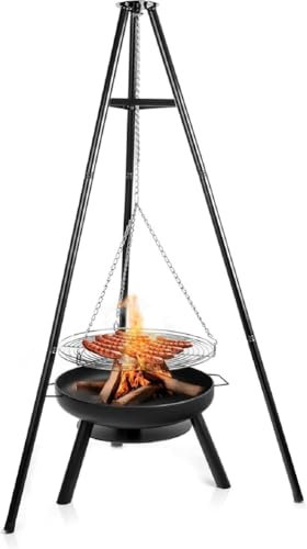 ShEyle Barbecue Suspendu sur trépied avec chaîne, 160 cm de Haut, avec Grille de Cuisson de 52 cm, brasero de 58 cm, Barbecue au Charbon de Bois, pour Camping et Jardin
