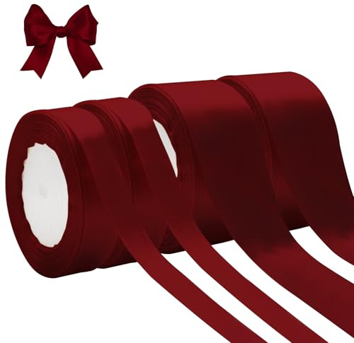 Lot de 4 rouleaux de 22m Ruban Satin Cadeau Emballage Ruban de Satin pour cadeau Ruban décoratif en polyester pour DIY,Emballage Cadeau et Décoration de mariage(2cm×2,4cm×2)(Bordeaux)