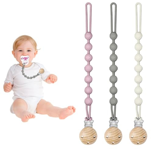 3 Pcs Silicone Dummy Clip,Silicone Bibs Dummies Bibs Dummy Clip Dummy Clips for Baby Dummy Clip One Piece Pacifier Clips Dummy Clip Boys and Girls Bib Dummies(Pink Gray Beige)