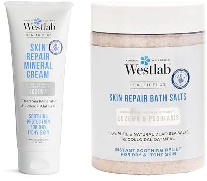Westlab Health Plus Skin Repair Mineral Cream & Bath Salt Bundle, Soothing Protection for Itchy & Dry Skin - 1 x Skin Repair Mineral Cream (100 ml) & 1 x Skin Repair Bath Salt (900 g)