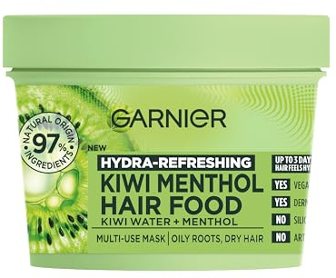 Garnier Hair Food Multi-Use Hair Treatment Mask, Hydrates and Refreshes Oily Roots and Dry Ends, with Kiwi and Menthol, No Silicones for a Natural Feel, Vegan Formula, 400ml
