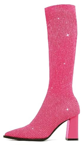 NEWBELLA MOUSSE FIT Women's Knit Comfort Chunky Heeled High Boots Minimalist Style Rubber Sole Hot Pink
