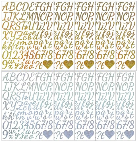 VRYNDH 10 Fogli Adesivi lettere,Adesivi autoadesivi con lettere, (5 dorati + 5 argentati) per confezionare regali, decorare feste, matrimoni, Natale