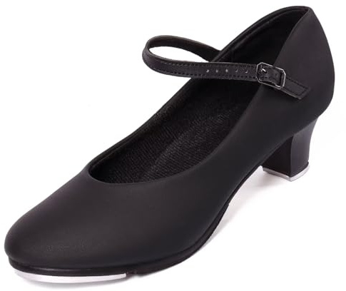 Asyusyu Character Tap Shoes for Women with Ankle Strap and PU Leather - Ideal for Dance Practice, Stage Performances and Tap Dance Classes-BK-5 Black