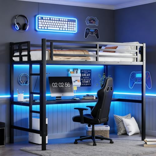 Bellemave Twin XL Loft Bed with Desk and LED, Metal Twin XL Loft BedFrame with guardrail and Ladder for Adults, Kids, Teens, Black