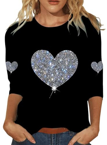 ZTFYKLIN Camiseta Interior Mujer De Manga 3/4 con Estampado Lentejuelas para Mujer, Cuello, Suelta, Calle (White, M) Tunica Blanca Top Camisetas Largas Blusas Fiesta Brillo Camisa Azul Lino