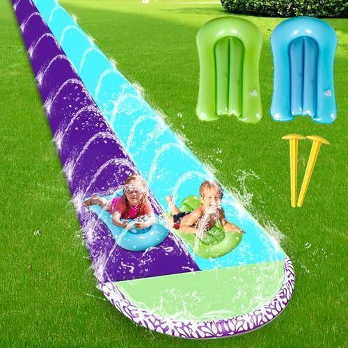 DAJASD Vattenrutschkana trädgård för barn, 6,1 x 1,4 m uppblåsbar vattenrutschkana med 2 bodyboard, dubbel vattenrutschkana med inbyggd sprinkler, vattenleksak för barn och vuxna utomhus – blå + lila