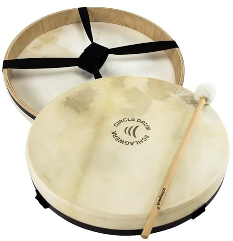 Schlagwerk RTC44 Rahmentrommel Circle Drum -Handtrommel mit Gurt-Haltekreuz - ⌀ ca. 45 cm / 17,5 Zoll / 6 cm hoch - Frame Drum mit Ziegenfell - Buchenholz - Schamanentrommel mit Schlägel