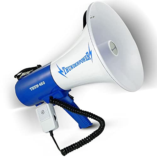 ThunderPower THUN450 Extra-Loud Megaphone Speaker – 35W Voice Amplifier for 1,400-Yard Range – Bullhorn Megaphone with Voice, Siren & Whistle Mode – Bull Horn Loud Speaker with Mic & Shoulder Strap