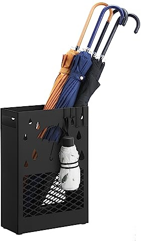 SONGMICS Metal Umbrella Stand, Rectangular Umbrella Holder Rack, with a Removable Drip Tray, 4 Hooks, Cutout Design, for Entryway, Office, Black ULUC004B01