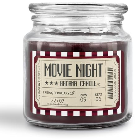 Bacana Candle - Duftkerze im Glas - Duftkerze im Glasgefäß mit Deckel - Originelle Kerze als Geschenk - 560 Gramm, 80-110 Stunden Brenndauer - Movie Night