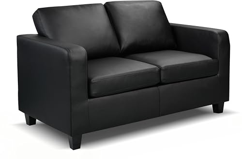 WeDoSofas Matthew 2 Seater Faux Leather Sofa (Black) – Compact Black Faux Leather Couch for Living Rooms, Home Offices & Flats – Wipe-Clean Modern Sofa Seating