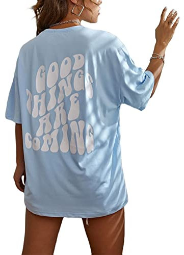 Tomwell T-Shirt Damen Kurzarm Sport Sommer Oberteile Oversize Tshirt mit Buchstaben Muster Lose Rundhals Rückendruck Bluse Teenager Mädchen Tunika Lang Top D Blau XS