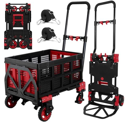 2 in 1 Hand Truck Dolly with Folding Basket,Folding Hand Truck Heavy Duty 330lbs Capacity,Foldable Hand Trcuk with Retractable Handle and Rubber Wheels,Portable Dolly with Bungee Cords for Moving