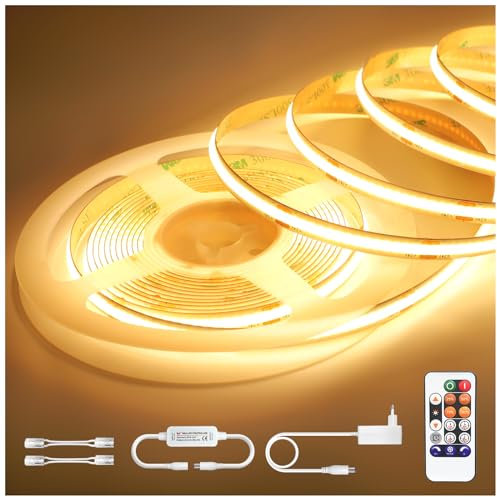 COB LED Strip 5M Varmvit, 24V Dimbart LED-ljusband 3000K, Självhäftande LED-list med Fjärrkontroll, Vattentät IP44 Ljusslinga med Strömadapter, LED-band för Badrum Kök TV-bänk (Timer)