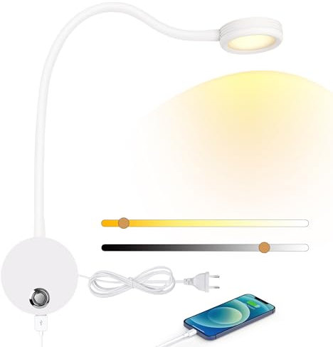 ERWEY Lampada da lettura da parete, 4W Lampada da Lettura Led con interruttore touch, 3000K-6000K dimmerabile e presa di ricarica USB, collo d'oca girevole a 360° con spina e cavo, bianco