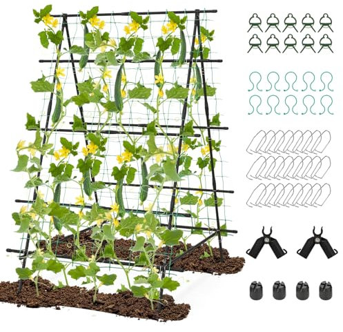 COSTWAY Gurke Rankhilfe Set, DIY-Formen A-förmig & quadratisch, Pflanzenhalter mit Gartennetz & Pflanzenclips, Rankgitter Metall, Pflanzenstütze für Kletterpflanzen Blumen Nutzpflanzen, Schwarz