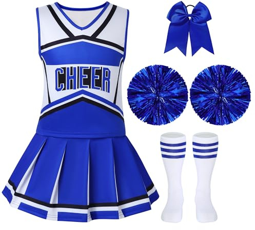 WooHand Halloween Girls Cheerleading Uniforms 8-9 Cute Cheer Uniform Outfit Girl Blue Cheerleader Costume With Accessories Athletic Field Playground