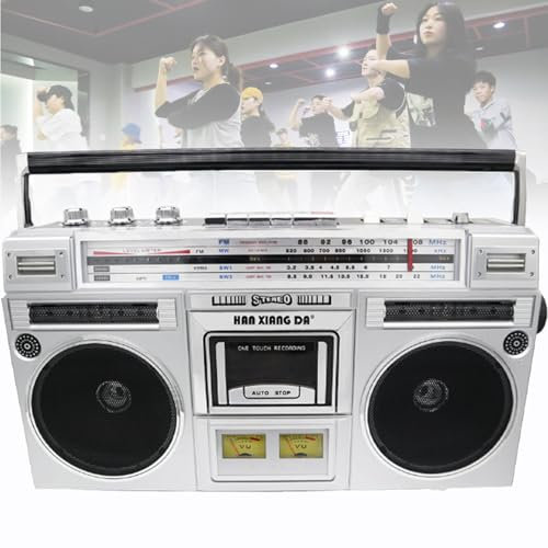 Boombox à cassette portable, lecteur de cassette CD, Boombox Bluetooth rétro des années 80, prise en charge de l'entrée SD/USB, avec radio AM/FM, enregistreur de pour les voyages en famille,Silver