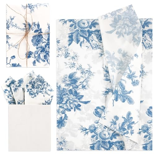 Lot de 30 Papier de Soie Emballage Pivoine, 35 x 50cm pour Papier d'Emballage Cadeau Emballage de Cadeaux pour Mariage Fête d'Anniversaire (Bleu)