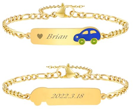 VNOX Pulseras Identificativas Niños Pulsera Personalizadas: Pulsera Infantil Chapada en Oro de 18K Grabado de Nombre y Número Regalos Comunion Niña Niño(Coche)