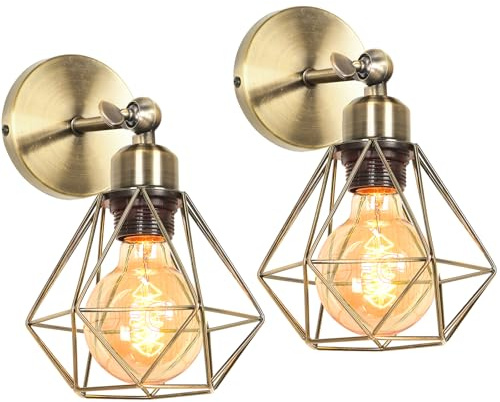 iDEGU 2 Piezas Lámpara Vintage Industrial 16CM Aplique de Pared Interior Diseño Jaula E27 Luz Ajustable Lámpara de Techo Iluminación para Dormitorio Pasillo Salon (Bronce)