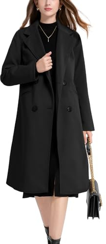 Vanchenl Manteau d'hiver en mélange de laine pour femme à revers crantés double boutonnage décontracté mi-long manteau caban trench vestes d'extérieur, Noir , S